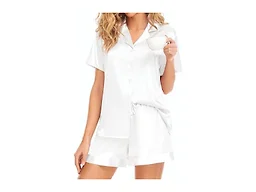 Girece Women's Satin Pajama Set Short Sleeve with Shorts,White, XXL