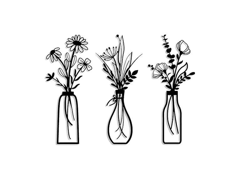 Black Floral Vase Metal Wall Art 3Pc Set