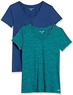 Amazon Essentials Women's Active Quick Dry Tech Stretch Short-Sleeve V-Neck T-Shirt (Available in Plus Size), Pack of 2, Blue/Teal Green Space Dye, X-Small