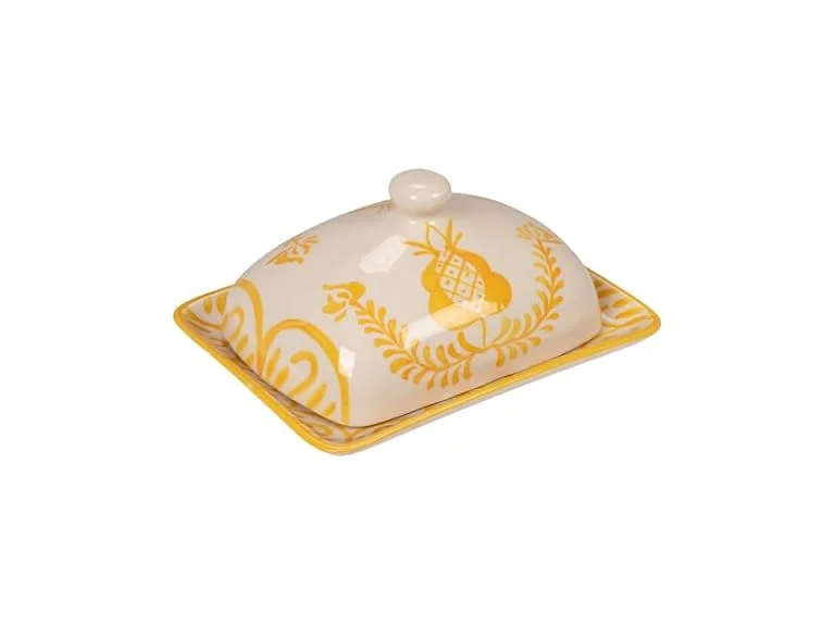 Creative Co-Op Stoneware Butter Dish with Botanical Design, Yellow and White