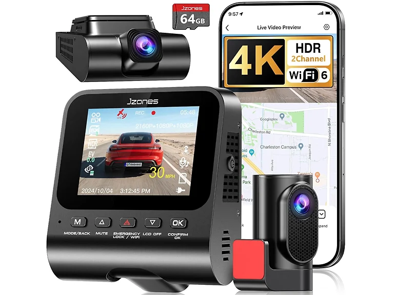 (NEW) JZONES 4K Dash Cam Front and Rear w/64GB Card