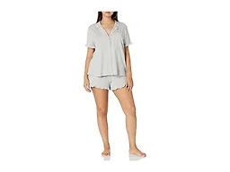 Amazon Essentials Women's Cotton Modal Piped Notch Collar Ruffle Pajama Short Set (Available in Plus Size), Grey Heather, X-Small