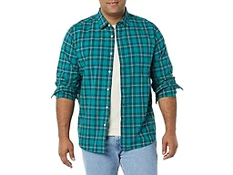 Amazon Essentials Men's Long-Sleeve Regular-Fit Stretch Poplin Shirt Shirt, -Green/Gold, Check, X-Small