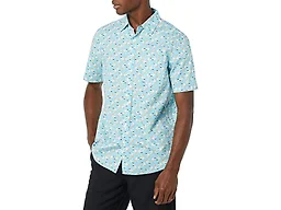 Amazon Essentials Men's Short Sleeve Button Down Shirt, Stretch Cotton, Blue Peach Plaid, Available in Big & Tall, Aqua, Pelican Print, X-Small
