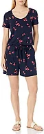 Amazon Essentials Women's Short-Sleeve Scoop Neck Romper with Elastic Waist, Casual Summer, Navy Red Tulips, X-Large