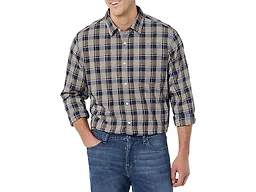 Amazon Essentials Men's Long-Sleeve Regular-Fit Stretch Poplin Shirt Shirt, -Gold/Navy, Check, Small