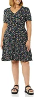 Amazon Essentials Women's Short Sleeve V-Neck Gathered Flattering Fit and Flare Dress, Black Ditsy Floral, X-Large