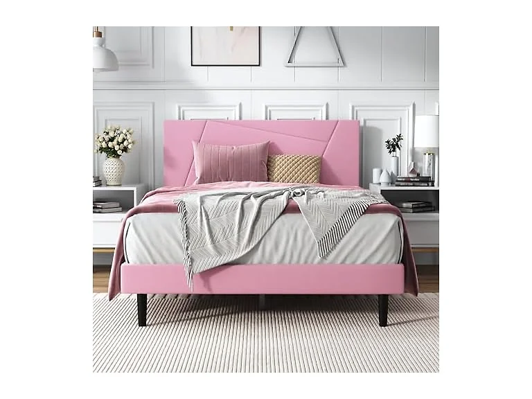 Full Velvet Bed Frame, Geometric Pink