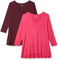 Amazon Essentials Women's Regular Fit 3/4 Sleeve V-Neck Swing T-Shirt, Pack of 2, Bright Pink/Burgundy, Large