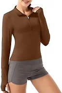 GGOV Crop Tops Women's Long Sleeve Workout Shirt with Half Zip Closure, Slim Fit, and Buttery-Soft Fabric Brown