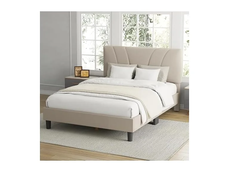 Avenco Queen Upholstered Bed Frame Beige