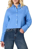Amazon Essentials Women's Oversized-Fit Cropped Cotton Stretch Poplin Button-Down Shirt, Blue, X-Large Cropped