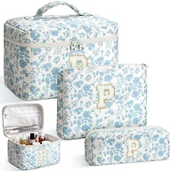 Yestar Quilted Makeup Bag Large Capacity, 3PCS Floral Cotton Initial Cosmetic Pouch Organizer, Multi-Size Portable Travel Toiletry Bag with Compartment, Birthday Gift for Women Girls Daily Vacation P