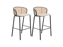 LeisureMod Ervilla Mid-Century Modern Wicker Bar Stool with Fabric Seat and Black Powder Coated Steel Frame, Set of 2 in Beige