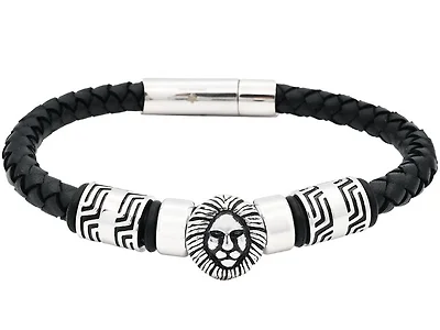 Genuine Black Leather Lion Bracelet