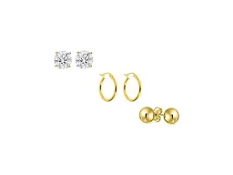 Yeidid Set of 3 18K Gold Plated Sterling Silver Hoop , Crystal Stud and Ball Stud Earrings