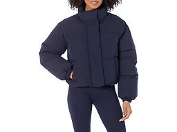 Amazon Essentials Women's Relaxed Fit Cropped Full-Zip Puffer Jacket with Snap Closure, Quilted Matte or Sherpa Fleece, Navy, X-Small