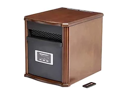 Amazon Basics Portable Space Heater with Remote Control, Adjustable Thermostat, Indoor Use, Energy-Saving Setting, LED Display, Classic Wood Casing, 1500W, 12"D x 13"W x 16"H, Brown
