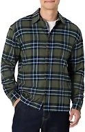 Amazon Essentials Men's Relaxed-Fit Long-Sleeve Flannel Shirt, Dark Olive Blue Simple Plaid, Large