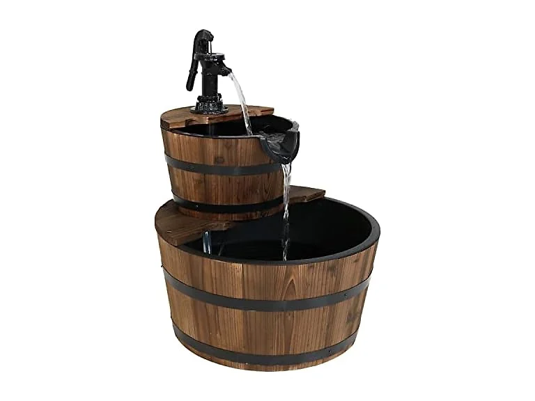 Sunnydaze 2-Tier Wood Barrel Water Fountain - 23-Inch