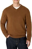Amazon Essentials Men's Regular-Fit Cotton Blend V-Neck Sweater, Caramel Heather, Medium