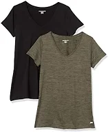 Amazon Essentials Women's Active Quick Dry Tech Stretch Short-Sleeve V-Neck T-Shirt, Moisture-Wicking, Pack of 2, Black/Olive Space Dye, X-Small