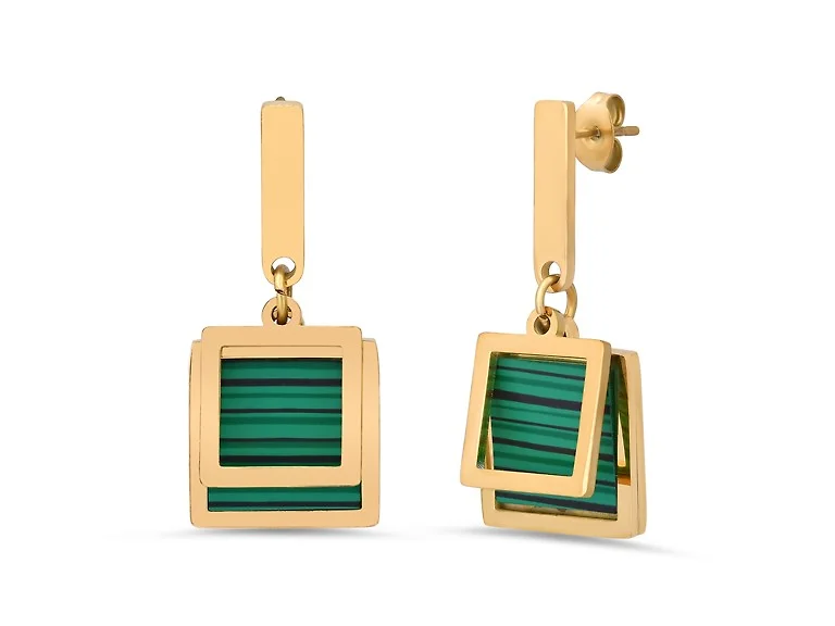 18K Gold Green Square Drop Earrings