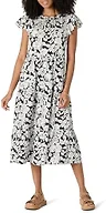 Amazon Essentials Women's Relaxed-Fit Cotton Sateen Crewneck Tiered Midi Dress with Flutter Sleeves, Back Button Closure, Black Ivory Folk Floral, Large