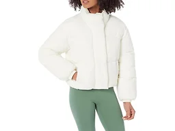 Amazon Essentials Women's Cropped Full-Zip Puffer Jacket, Winter Warm, Stand Collar, Eggshell White, Small