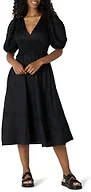 Amazon Essentials Women's Regular-Fit Cotton Sateen Puff Sleeve Midi Dress, V-Neck, Black, X-Small