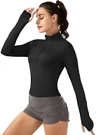 GGOV Crop Tops Women's Long Sleeve Workout Shirt with Half Zip Closure, Slim Fit, and Buttery-Soft Fabric Black S