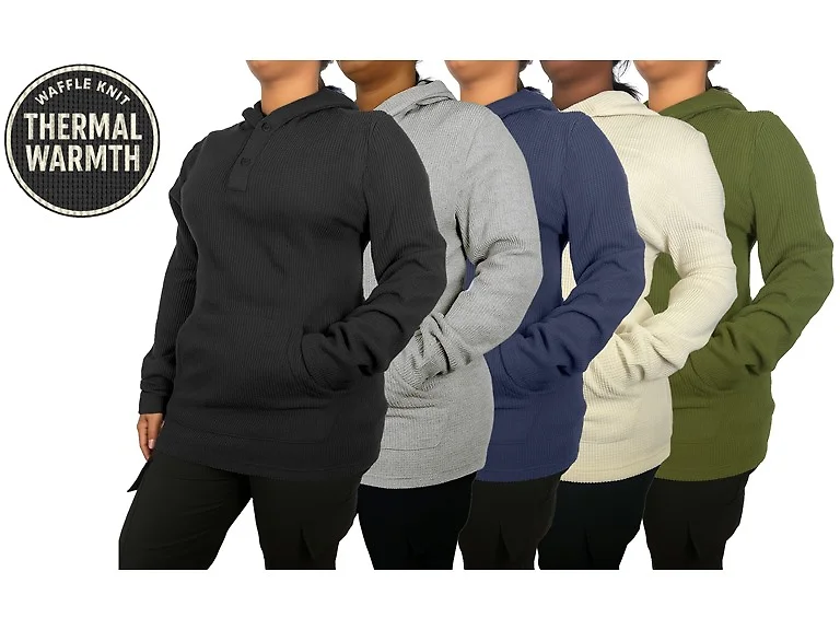 3Pk Womens Waffle-Knit Henley Pullover Hoodie