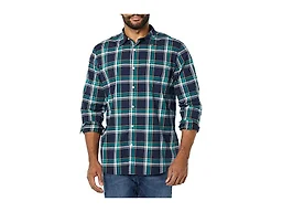 Amazon Essentials Men's Long-Sleeve Slim-Fit Stretch Poplin Shirt Shirt, Navy/Green, Plaid, X-Small