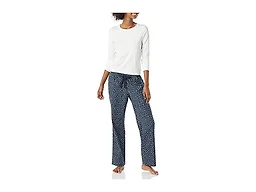Amazon Essentials Women's Long Sleeve Knit Top and Lightweight Flannel Pajama Pant Set, Navy Dot Print, Large