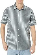 Amazon Essentials Men's Short Sleeve Button Down Shirt, Stretch Cotton, Blue Peach Plaid, Available in Big & Tall, Navy, Awning Stripe, Medium