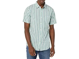 Amazon Essentials Men's Slim-Fit Short-Sleeve Poplin Shirt, Aqua Blue White Vertical Stripe, X-Small