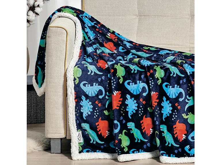Navy Dino Faux Shearling Sherpa Throw Blanket