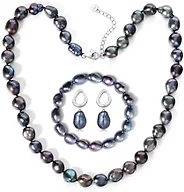 BAMIKI 8.5-9MM Cultured Baroque Black Pearl Necklace Set Jewelry Gifts