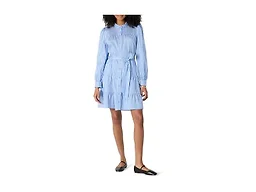 Amazon Essentials Women's Regular-Fit Cotton Sateen Tiered Shirt Dress with Puff Shoulder Sleeves, Collar Band, Button-Front, Blue White Stripe, Large