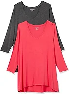 Amazon Essentials Women's Regular Fit 3/4 Sleeve V-Neck Swing T-Shirt, Pack of 2, Charcoal Heather/Red, X-Small