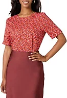Amazon Essentials Women's Regular-Fit Georgette Short Sleeve Crewneck Top, Tomato Red Ditsy Floral, Large
