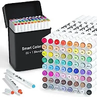 Smart Color Art Markers, 65 Coloring Markers and 1 Blender, 66 Pack Alcohol Based Dual Tip Permanent Markers Highlighters with Case, Excellent for Adults Kids Coloring Marking Drawing Sketching