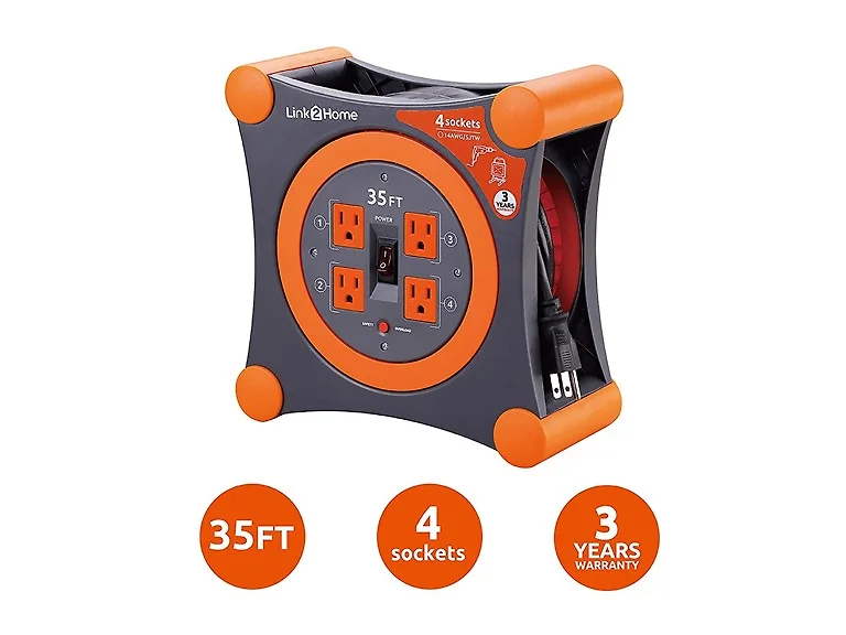Link2Home 14/3 35' Extension Cord Reel w/4 Outlets