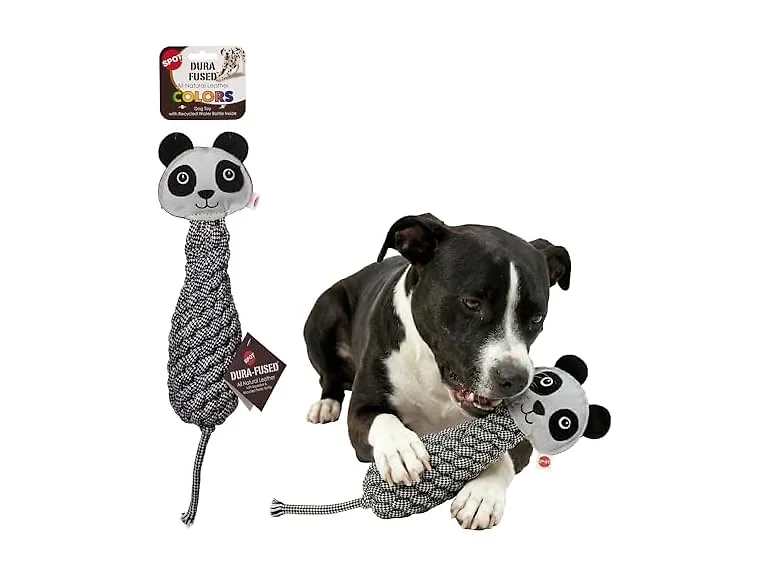 SPOT Dura-Fused Colors Leather Bottle Cruncher Panda Dog Toy