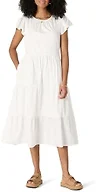 Amazon Essentials Women's Relaxed-Fit Cotton Sateen Crewneck Tiered Midi Dress with Flutter Sleeves, Back Button Closure, White, Medium