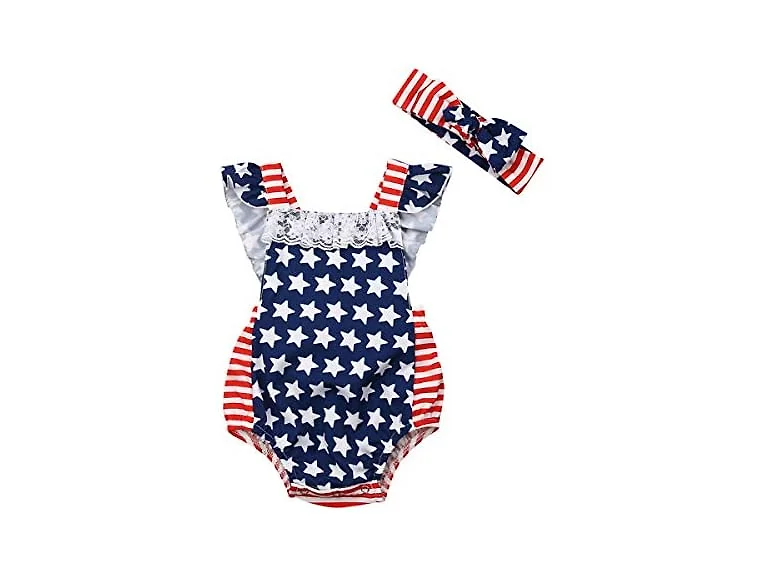 Kmbangi 4th July Baby Girl Outfit Flag Jumpsuit