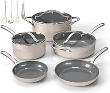 Bakken 12-Piece Ceramic Cookware Set, Nonstick Pots and Pans Set, Non-Toxic PTFE & PFAS-Free Cookware with Silicone Utensils, Induction & All Stovetops Compatible, Dishwasher Safe, Cream