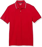 Amazon Essentials Men's Short Sleeve Slim-Fit Cotton Pique Polo Shirt, Breathable Collared, Red Thin Stripe, Large