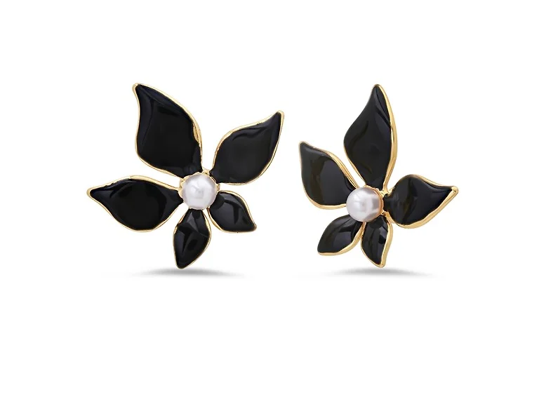 18K Gold Black Flower Pearl Studs