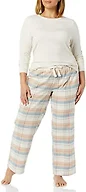 Amazon Essentials Women's Lightweight Flannel Pajama Pant and Long-Sleeve T-Shirt Sleep Set, Dusty Blue Mix Plaid/Oatmeal Heather, Small